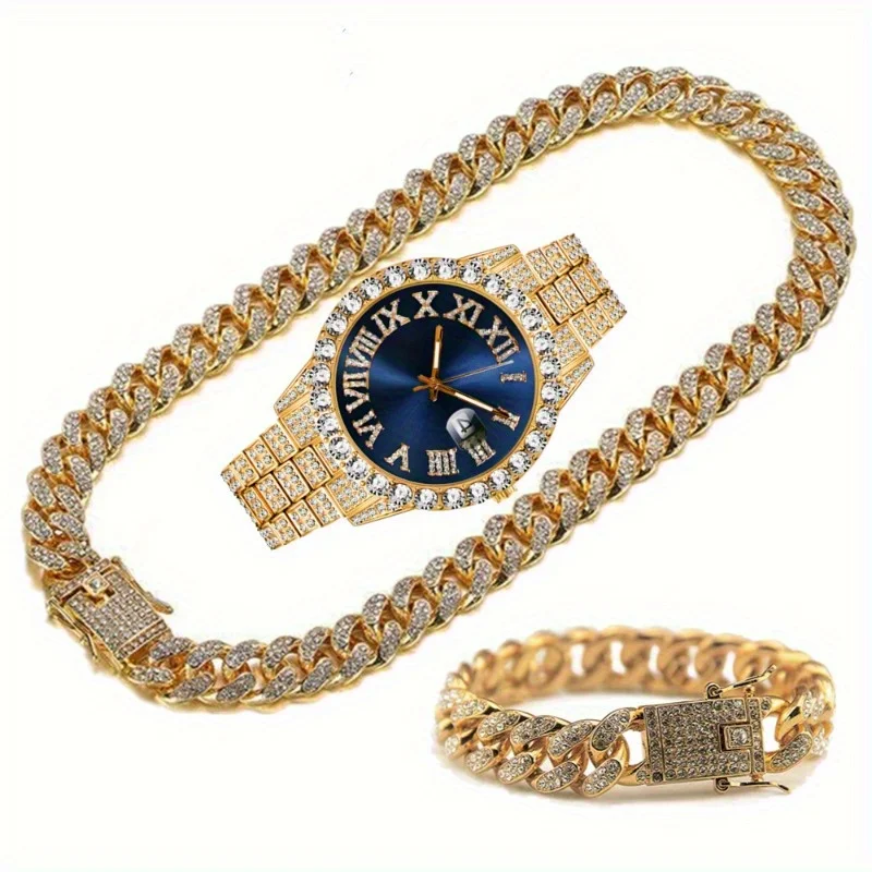 Fashion Silver Blue Watch Set Gift Box Men\'s Ice Inlaid 12mm Cuban Chain Necklace Bracelet Watch Set Hip Hop Chain Ice Jewelry