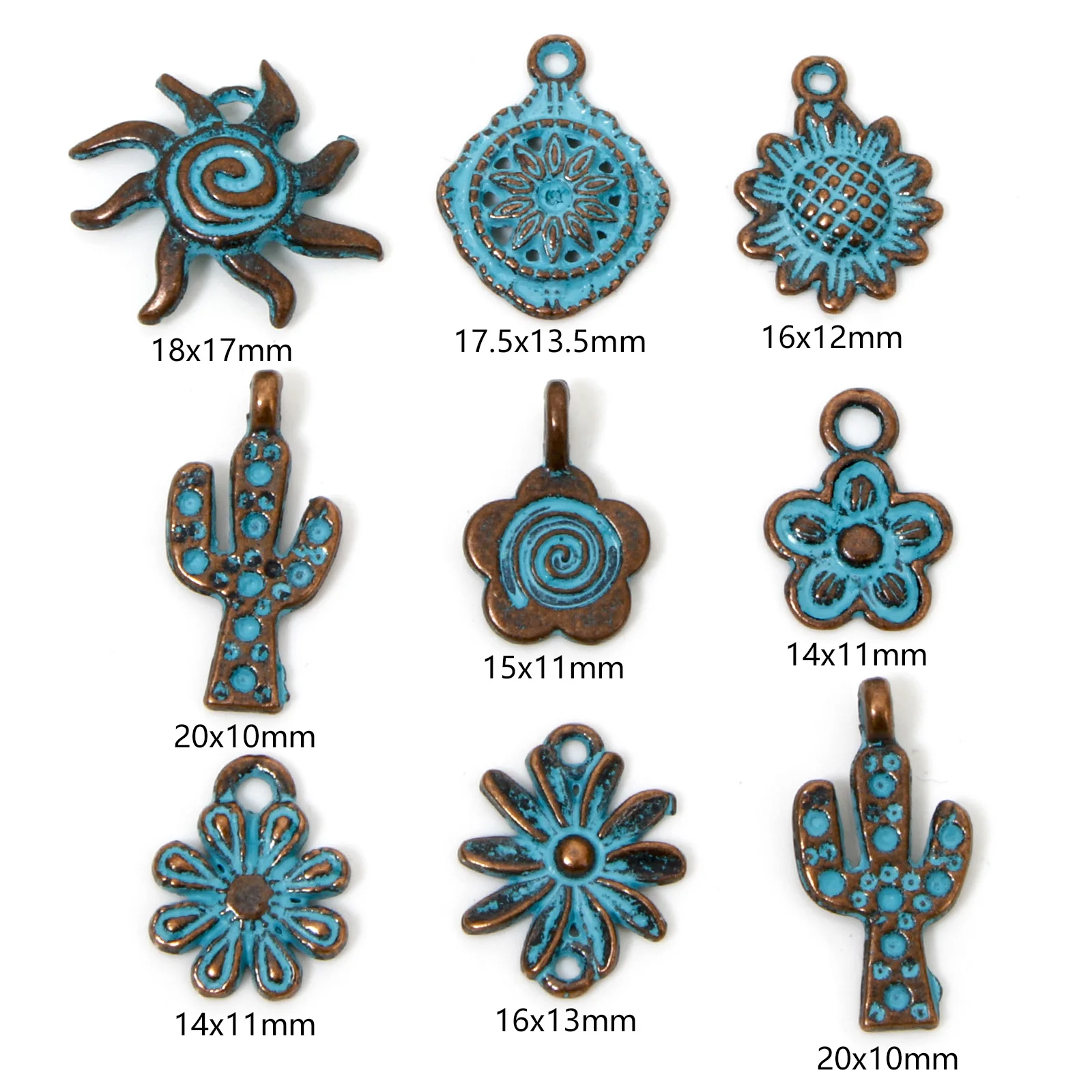 100 PCs Bohemian Patina  Charms Antique Copper Blue Flower Sun Metal Zinc Based Alloy Pendants DIY Making Necklace Jewelry