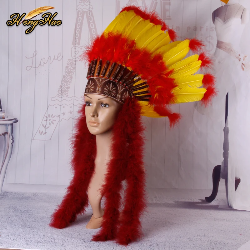 Customized Yellow Indian Feather Headdress Turkey Feather Costume Chief Hat Headband Carnival Bonnet Halloween Decoration