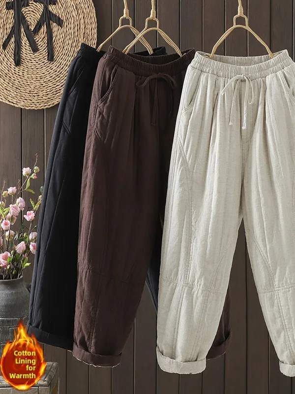 

Женские утепленные хлопковые брюки с высокой талией, прямые, термостойкие, теплые, в клетку, из смесового хлопка и льна, зимние штаны