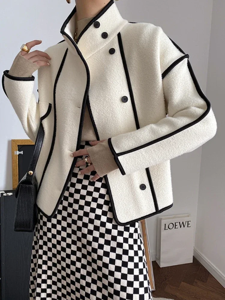 Fashion Coats for Women 2024 Loose Standing Collar Solid Short Women\'s Jacket Contrast Color Design White Black Autumn Outerwear