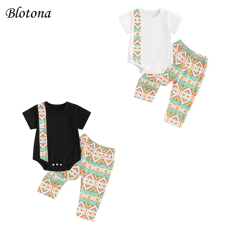 

Blotona Baby Boys Summer Outfits Crew Neck Short Sleeve Rompers African Pattern Print Long Pants 2Pcs Clothes Set 0-24Months