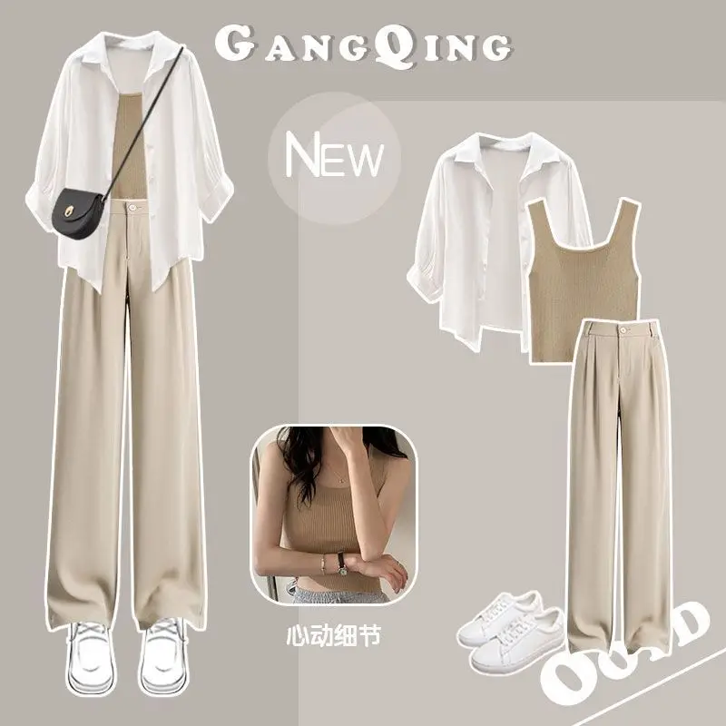 Spring/Summer Set Women's New Korean Edition Wearing Sunscreen Shirt with Hanging Straps and Casual Suit Pants Three Piece Set