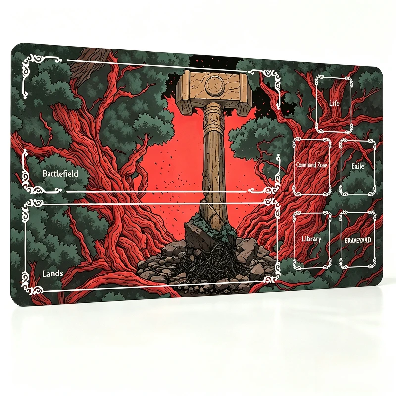 A large hammer surrounding a forest pattern, TCG/CCG card game mat, suitable for collectible card games, individual battle