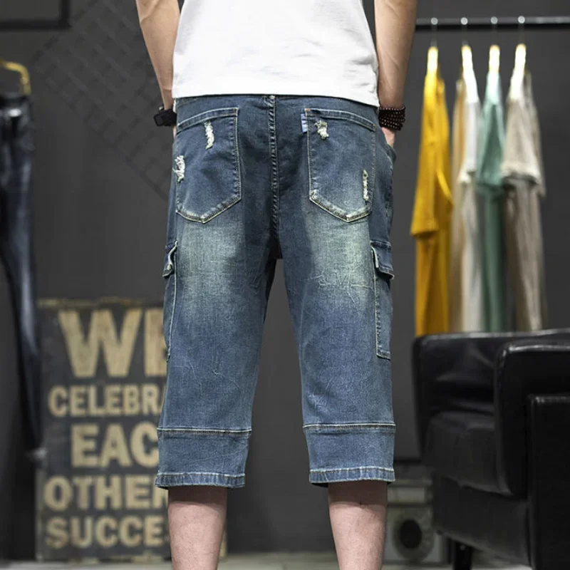 Men\'s Short Jeans Pants Half with Pockets Male Denim Shorts Knee Length Long Cargo Korean Fashion Hip Hop Vintage Y2k Summer Xl