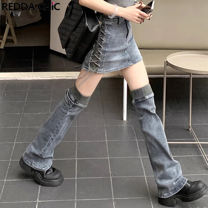 

ReddaChic Goth Gray 2-piece Skirt Set Y2k Vintage Lace-up Mini Skirt & Boots Cover Denim Leg Warmers Korean Women Acubi Fashion