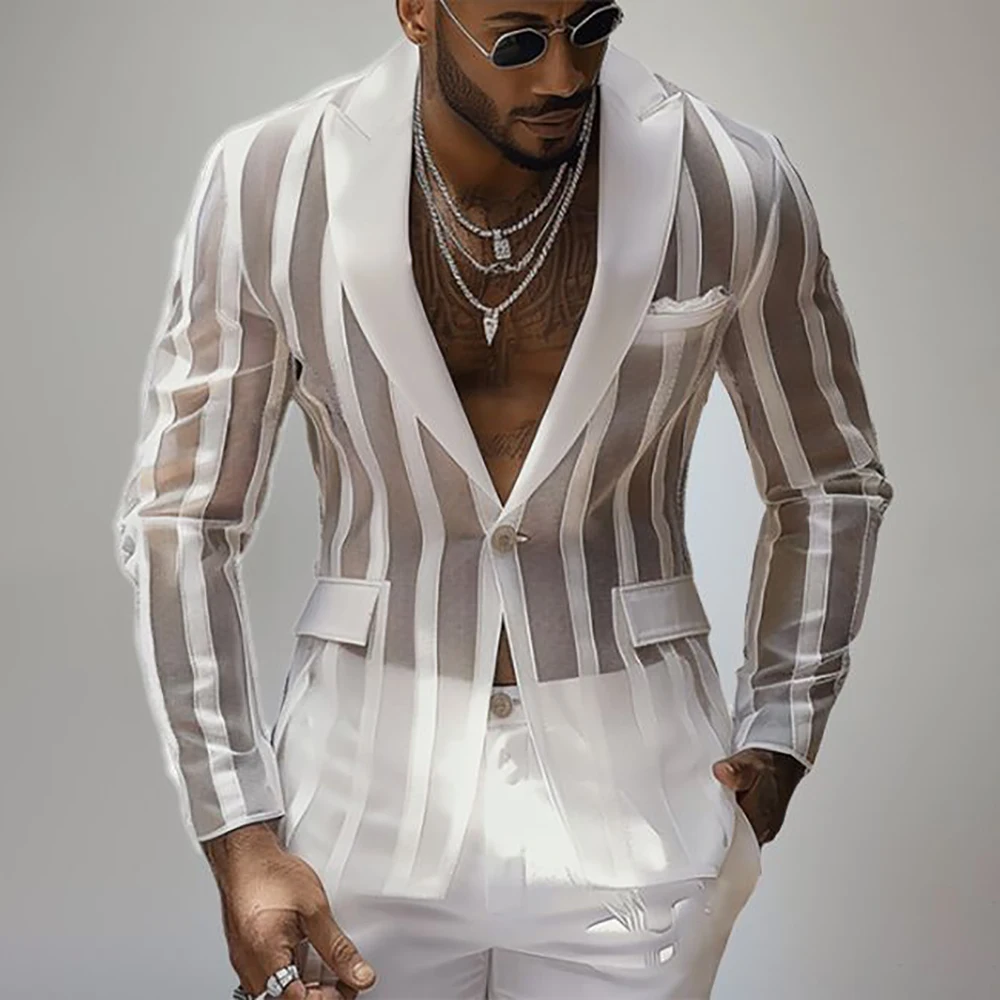 

Men's Fashion See-Through Striped Casual Blazer Single Button Lapel Fashion Party Nightclub Stage Performance Handsome Male Suit
