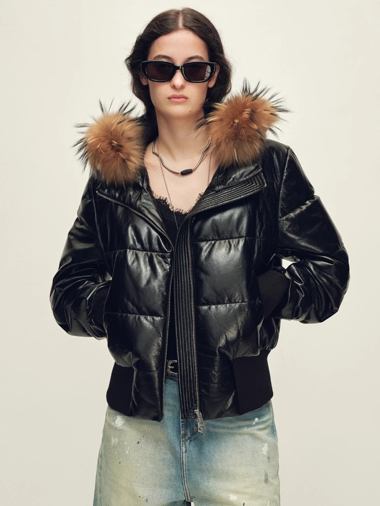 

Raccoon Dog Fur Collar Hooded Genuine Leather Jackets for Women High-end Simple Solid Slim Short Real Sheepskin Goose Down Coat