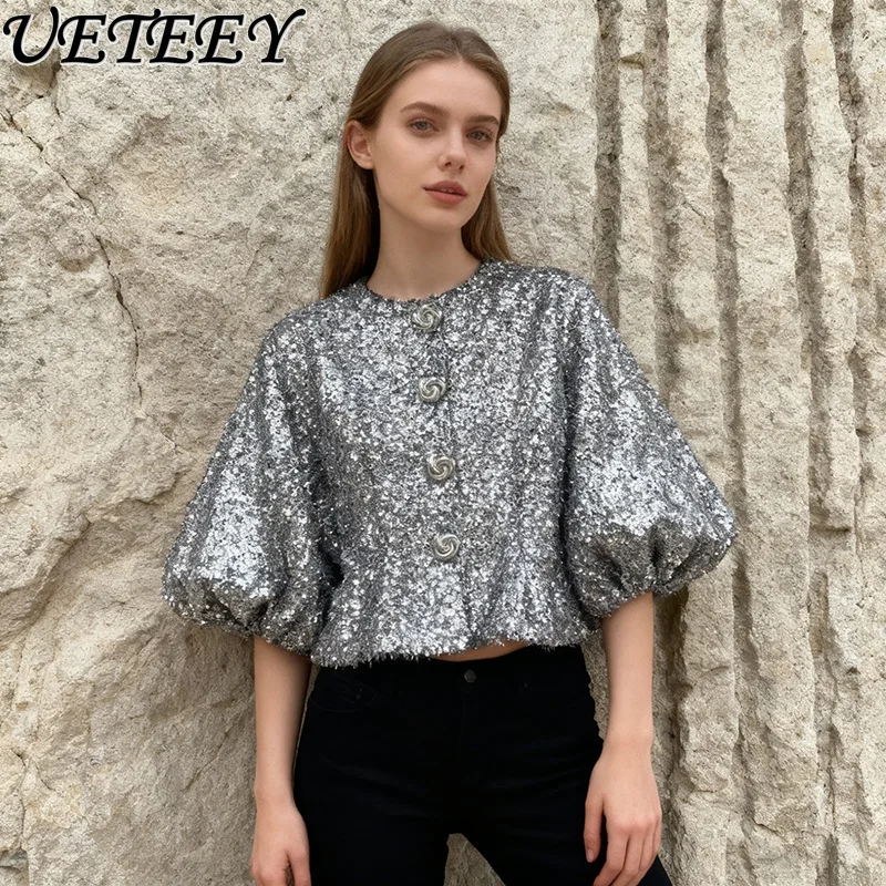 2025 Herfst Nieuwe Mode Veelzijdige Losse Half Mouw Top voor Vrouwen Franse Stijl Elegante Socialite Single-Breasted Korte Shirt