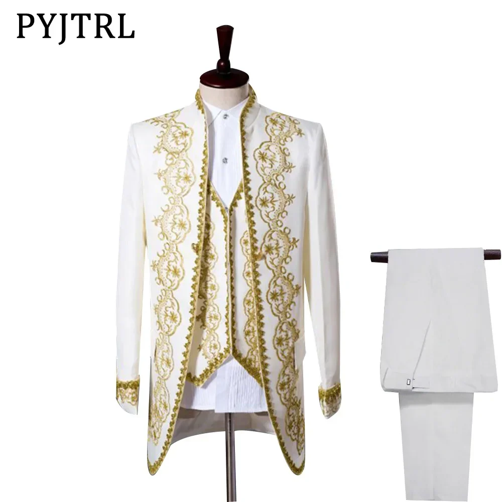 3 Pieces Golden Appliqued Men Suit Pants Set Blazer+Vest+Trouser Groom Best Man Elegant Male Host Club Work Wear Coat Prom Dress