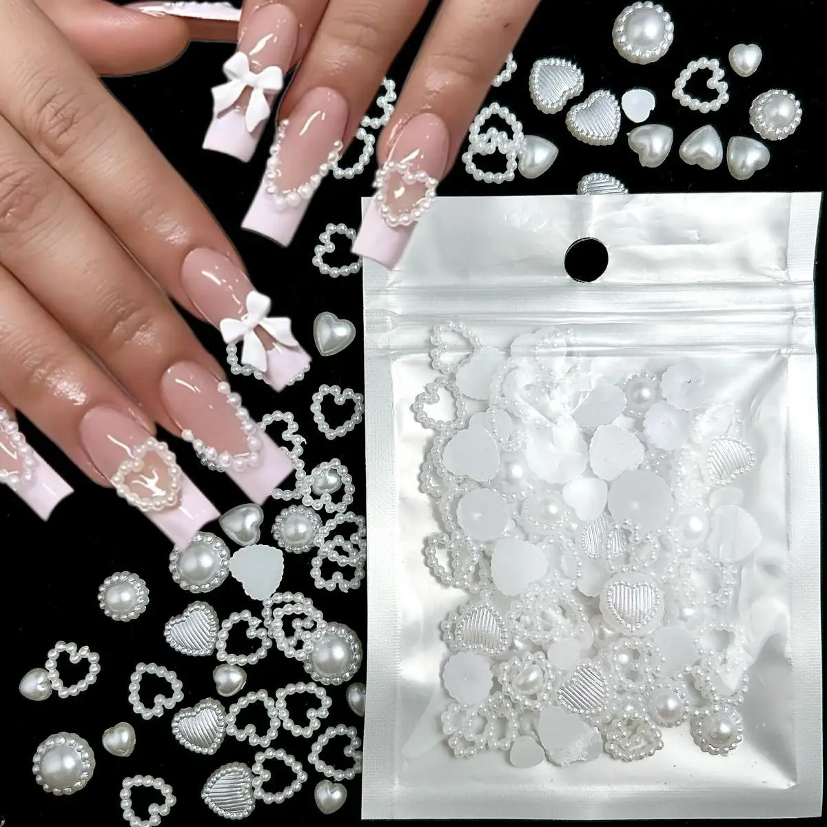 50 pièces minimaliste simulé perle coeur ongles breloques 3D couleur unie artificielle Flatback tournesol perle Nail Art décorations bricolage