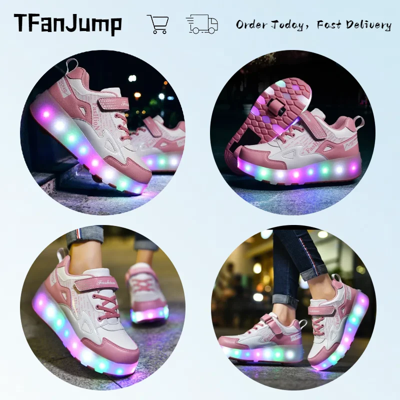 Double Row 4 Wheels Parkour Sport Roller Shoes Children’s LED Luminous Glowing Sneakers  Unisex Adult Deformation Skating Shoes