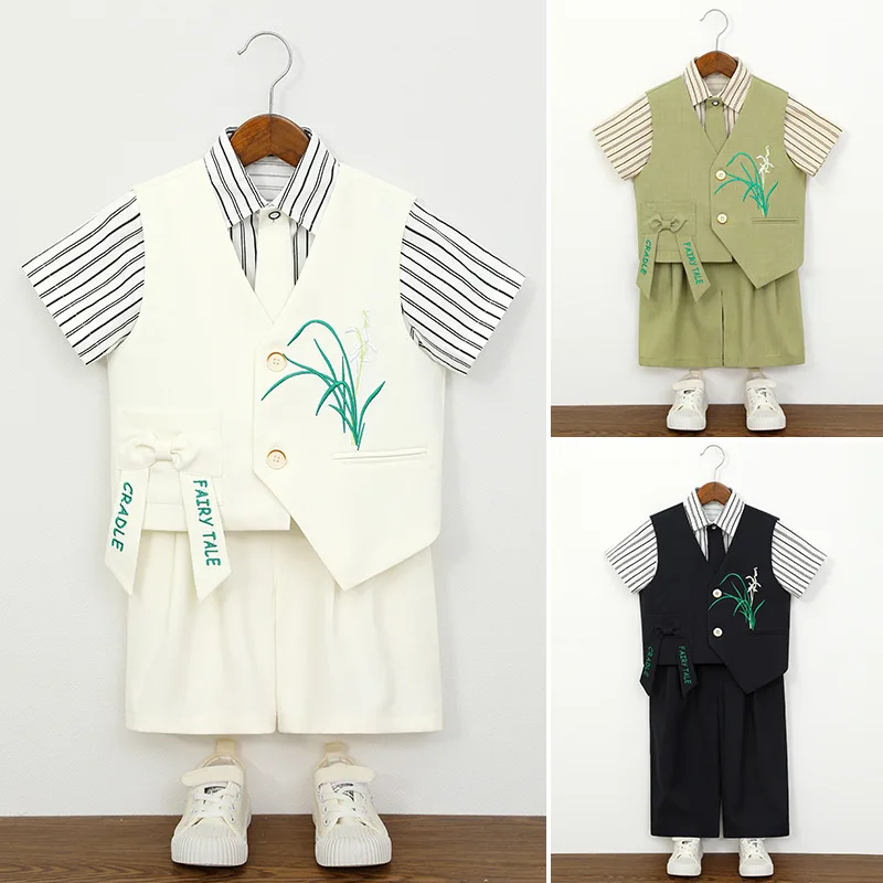 Toddler Boys Summer Formal Suit Set Kids Gentleman Outfit for Wedding Ring Bearer Birthday Party Short Sleeve Shirt Vest Shorts