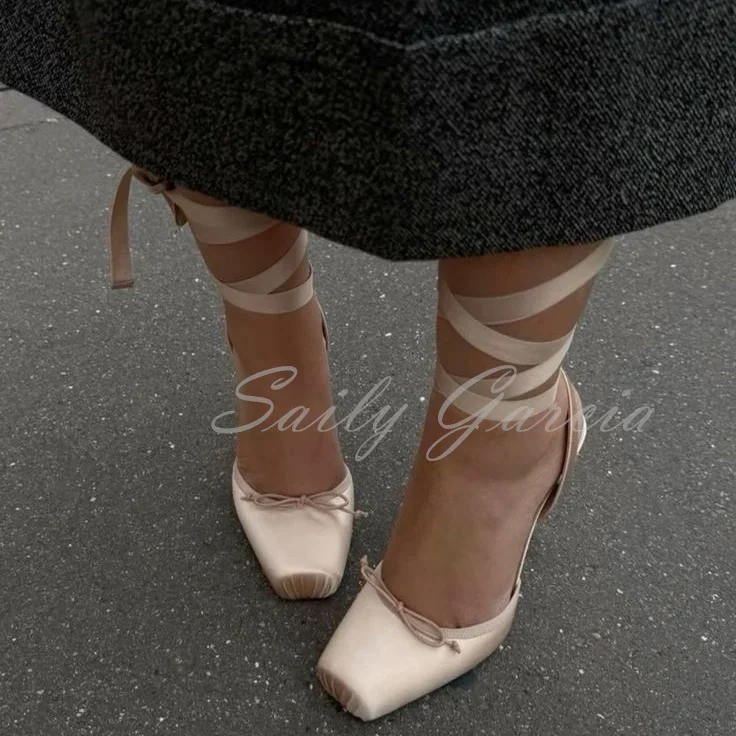 Balck Stain Lace Up Ballet Shoes Girl Pink Square Toe Bow Tie Stiletto Heel Ankle Strap Slingback Elegant Summer Sexy Pumps