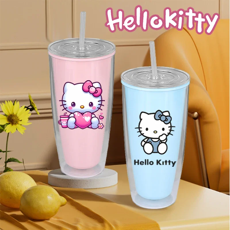 

Sanrio Hello Kitty двухслойная чашка с крышкой, соломенная милая мультяшная бутылка для воды большой емкости, модная вечеринка, контейнер для напитков