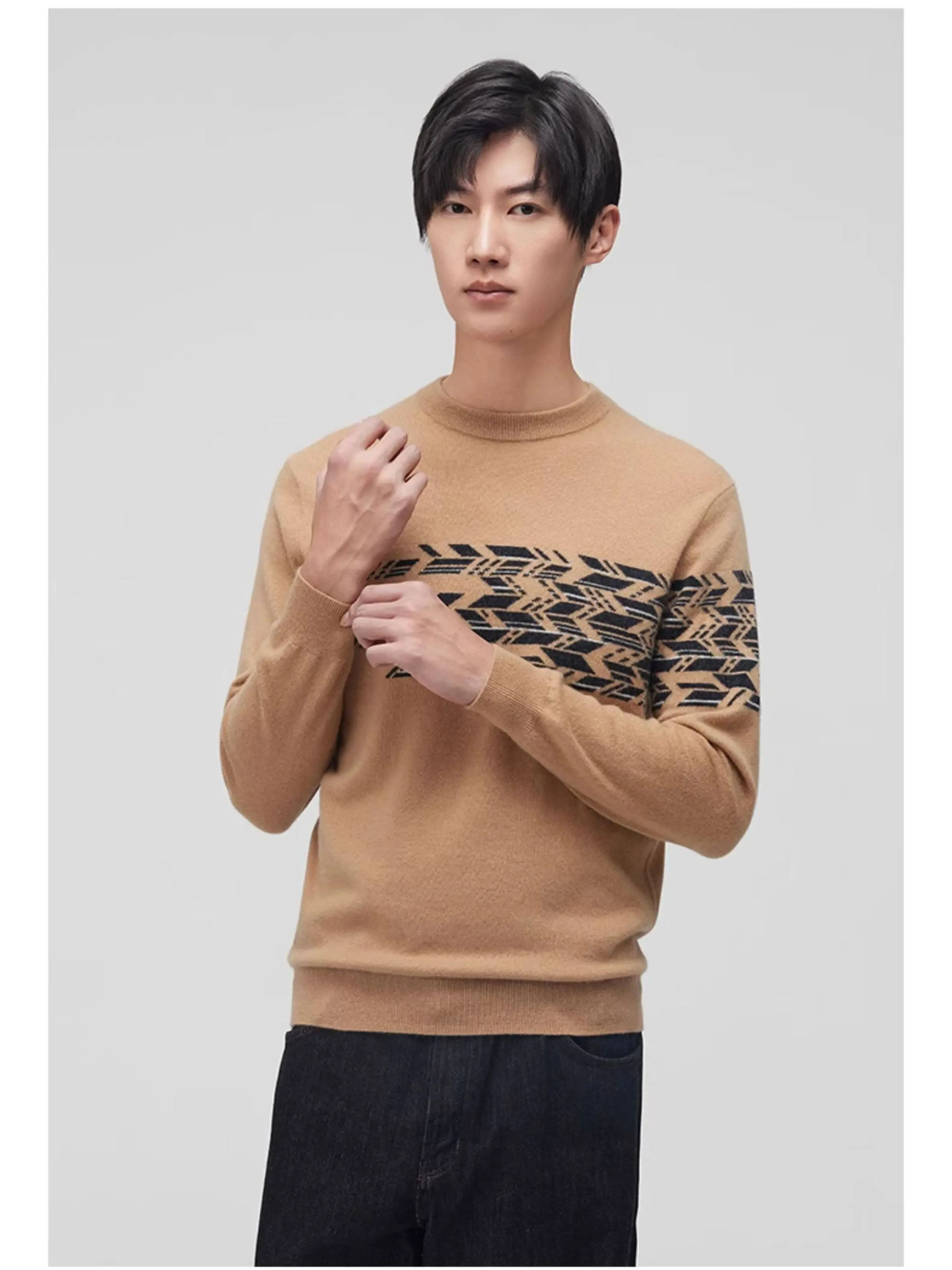 Autumn and winter new round neck geometric pattern contrast mosaic men's sweater cashmere sweater