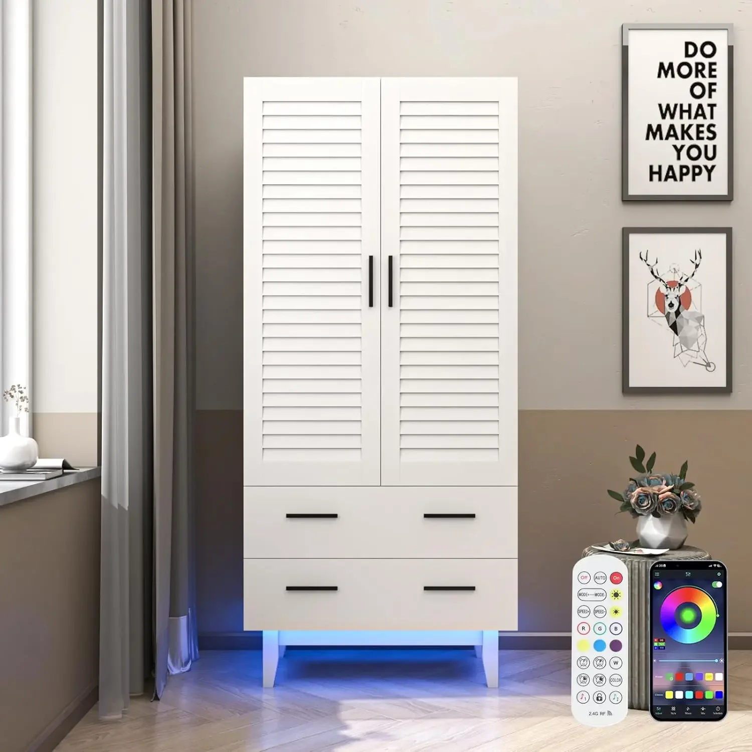 Armoire Wardrobe Closet Cabinet with Drawers and LED Lights, Multi-Tier Shelves, Hanging Rod & 2 Louver Doors