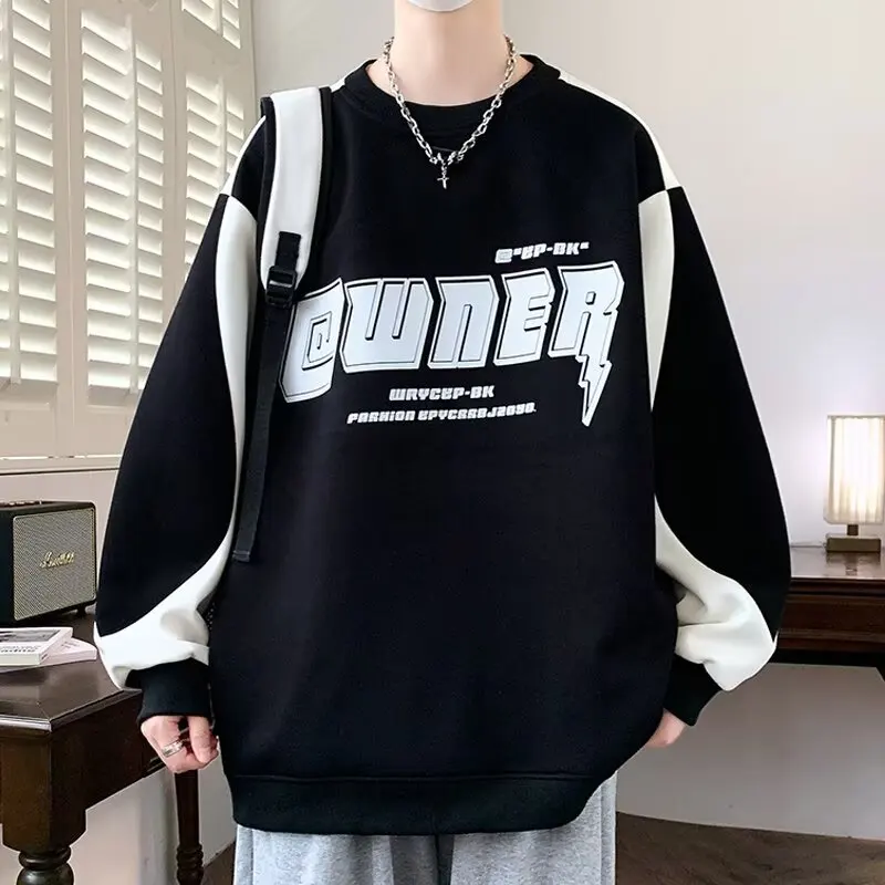 Outono moletom solto masculino M-6XL coreano na moda manga longa camiseta moda masculina roupas branco o pescoço harajuku topo novo