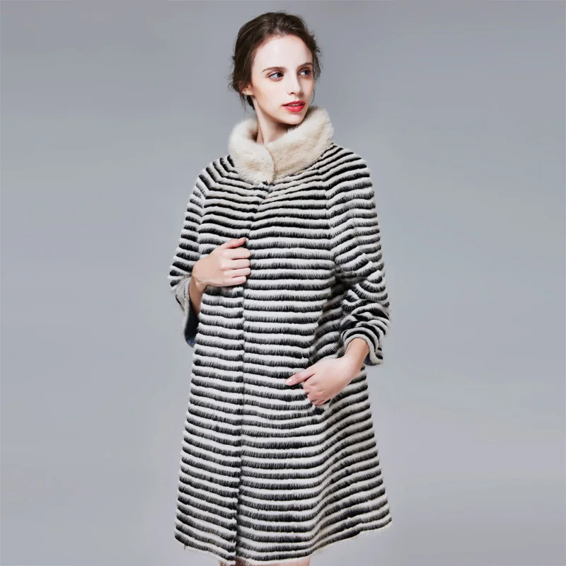 Hot Sale Faux Mink Rabbit Fur Coat Long Casual Soft And Comfortable Standing Collar Striped Ladies Coat