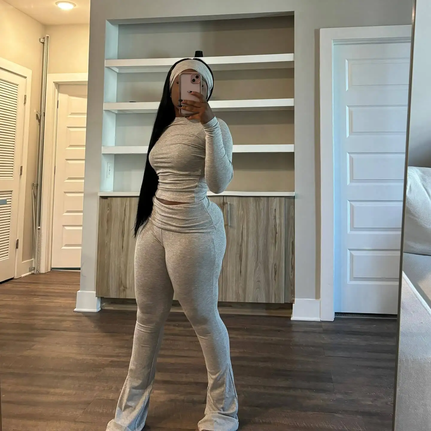 Women Set Skinny Stretch Long Sleeve Shirt With Headwear+Flared Pants Loungewear Casual Two Piece Set Fitness  Yoga Jogger Set