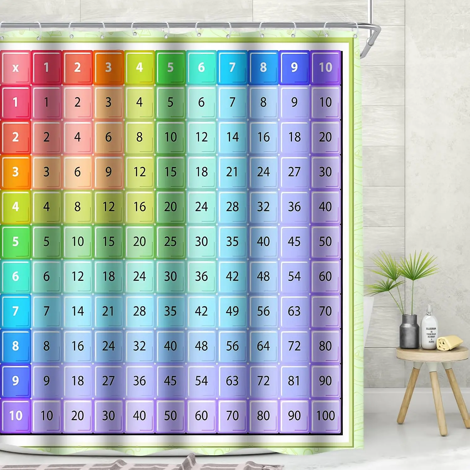 Multiplication Chart Shower Curtain Colorful Educational Math Shower Curtains for Bathroom Decor Student Bath Curtian with Hooks
