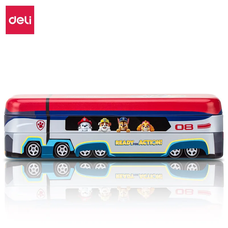 Cartoon Kawaii Paw Patrol Rescue Bus Stationery Box Tinplate Three-Layer Foldable Pencil Box Multi-Function Metal Storage Box