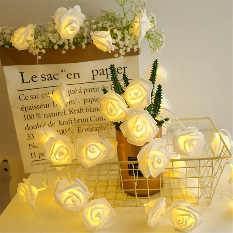 Battery Operated 10/20/40LED Artificial Rose Flower Fairy String Lights Garland for Valentines Day Wedding Party Christmas Decor