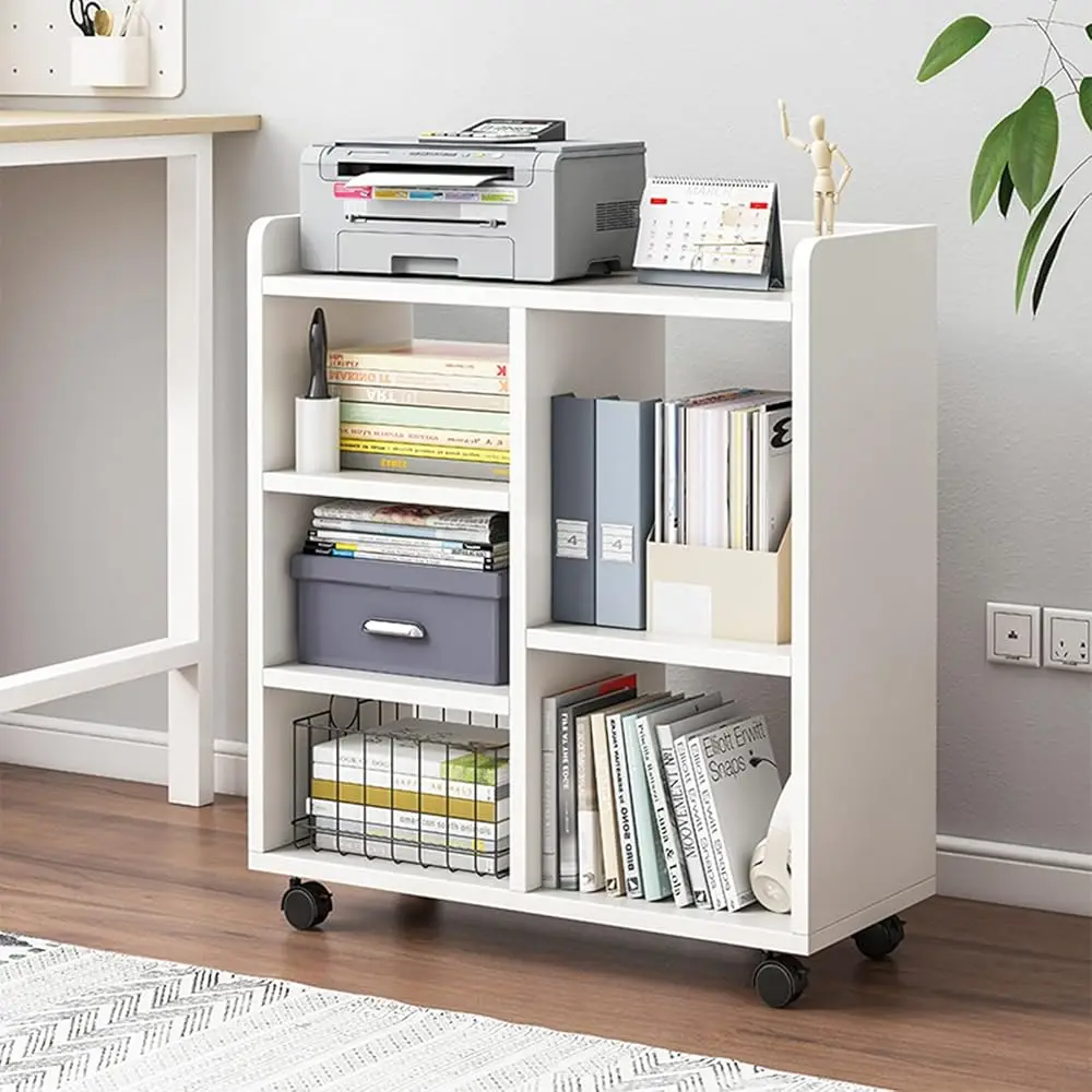 

3-Tier Mobile Bookshelf,24"" White Bookcase With Wheels,Cube Book Shelf Small Storage Cabinet,Rolling File Cabinet For Home