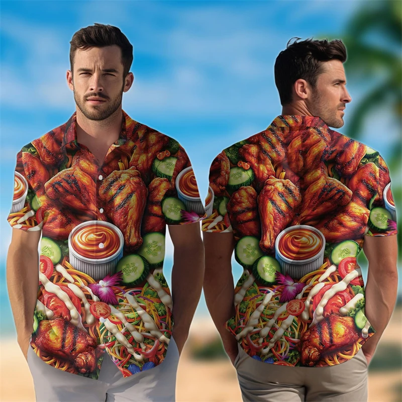 Delicious Food Graphic Shirts For Men Clothes Steak Bacon Blouses Hip Hop Male Streetwear Ham Noodle Blouses Chicken Button Tops