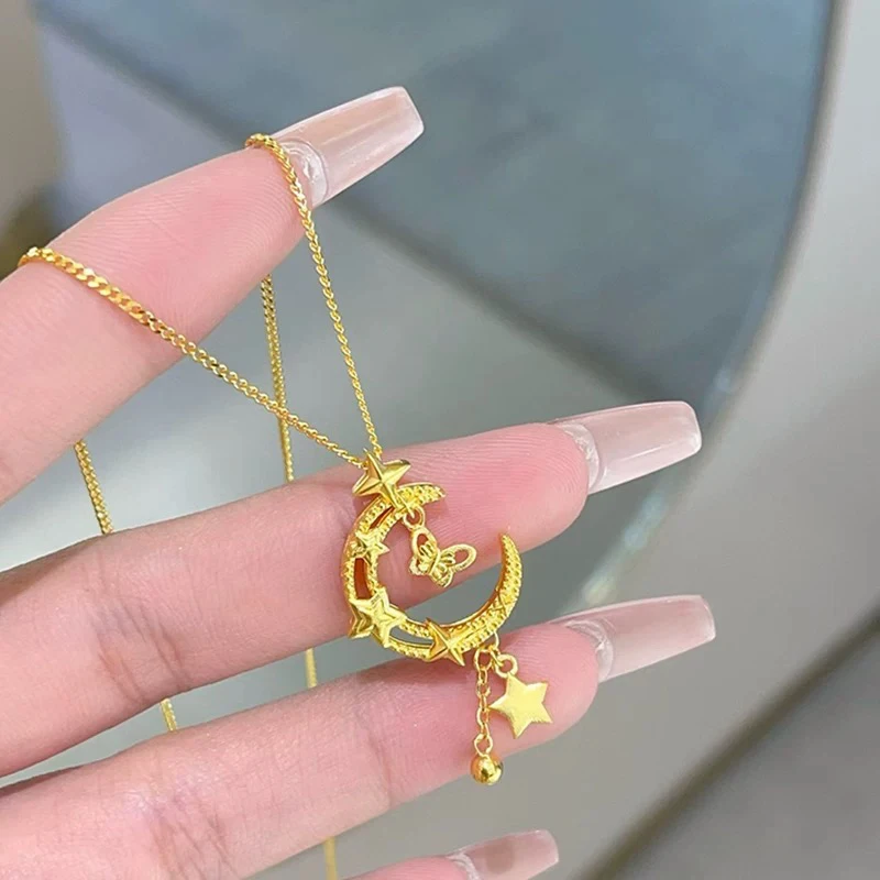 Collar de luna y estrella de mariposa de oro AU750 de alta calidad para mujer, regalo de joyería de cadena de clavícula de temperamento de moda de oro de 18 quilates