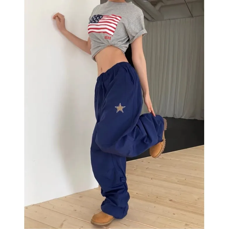 Retro Casual Nylon Drawstring Pants Star Embroidery Wide Leg Pants Unisex Comfortable Loose Fit Trousers for Women