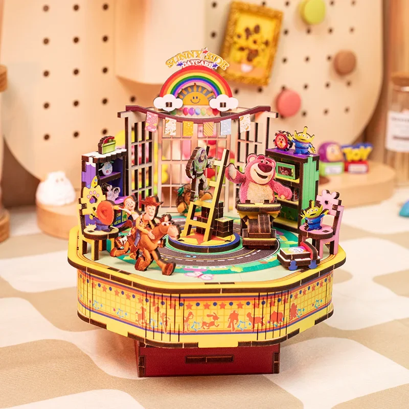 Strawberry Bear Buzz Lightyear Cartoon Figures Series Assembled Model Toys Wooden Puzzle Music Box Decor Cute Children's Gift