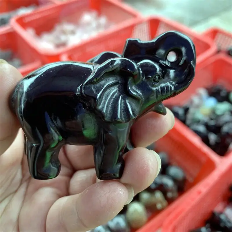 Obsidiana negra Natural elefante cristal Animal tanque paisajismo tallado curación regalo de Navidad decoración del hogar 1 Uds