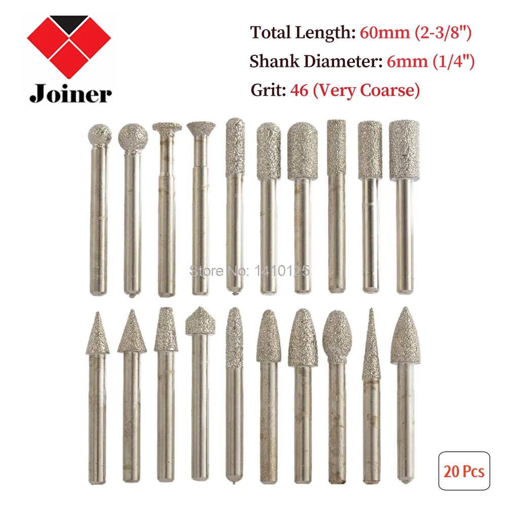 20Pcs Diamond Grinding Head Set BRAZED Rotary Burrs Abrasive Lapidary Carving Tools Shank 6mm 1/4