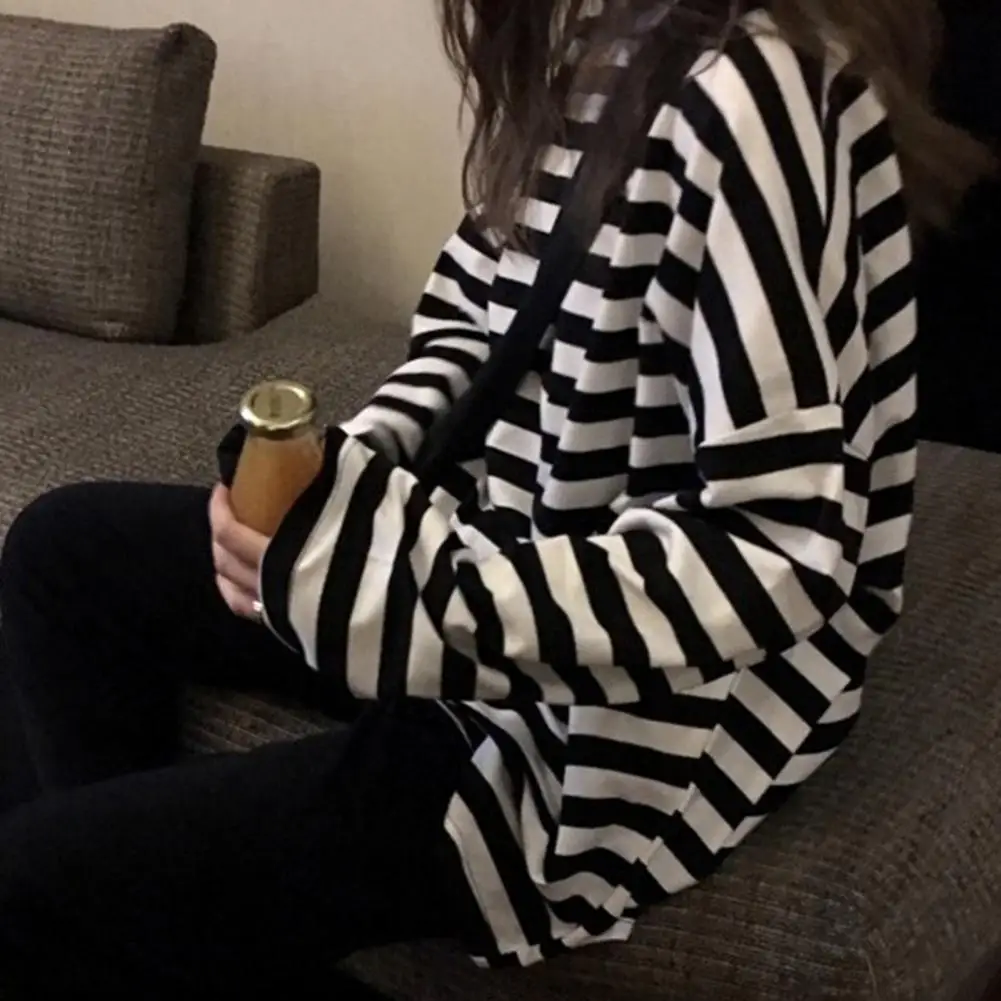 Korean Casual Oversized Women T-shirt Harajuku Striped Tshirt Long Sleeve O-Neck T-Shirts Autumn Pullover Top Shirt Women Blouse