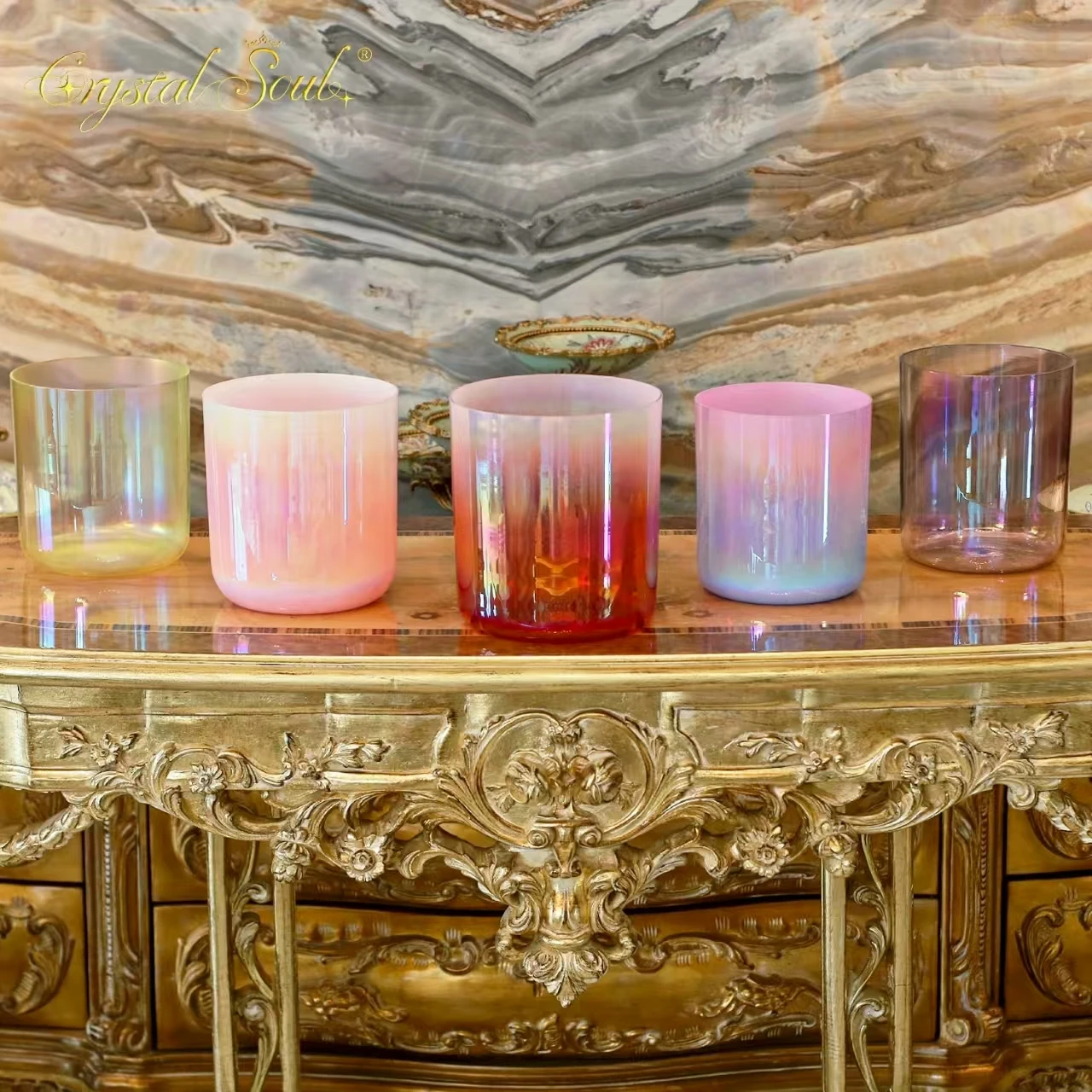 

Crystal Soul New Design Five Element Alchemy Crystal Bowl Harmony Sound Sets with bag