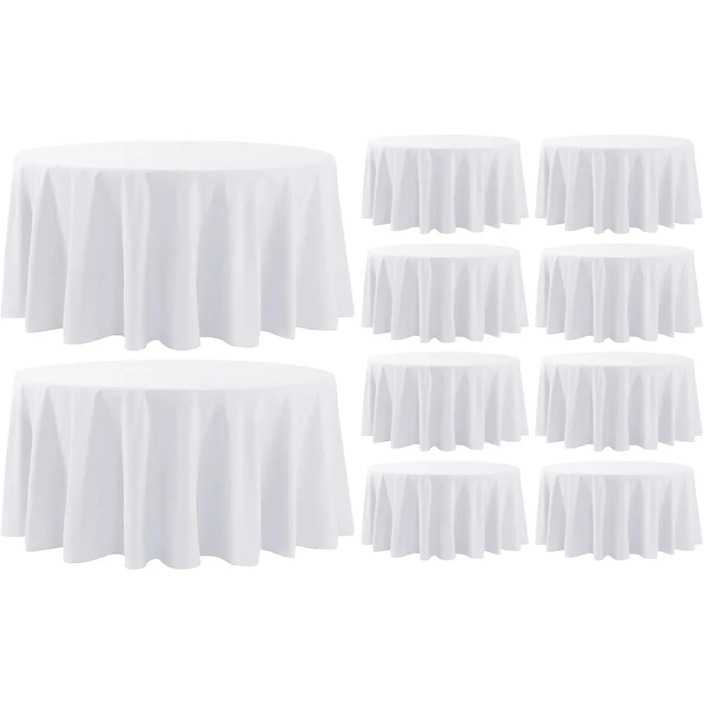 Round Tablecloth 10 Pc 132 Inch Round White Tablecloths Washable Decorative Linen Polyester Table Clothes Cover for Dining Table