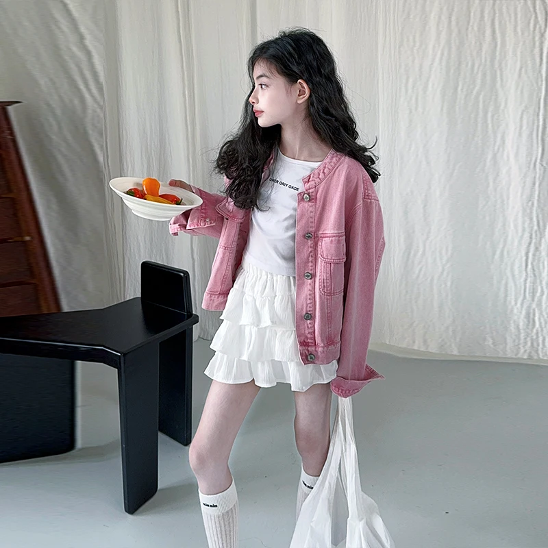 خريف جديد الوردي في سن المراهقة الفتيات الدنيم سترة 4 5 6 7 8 9 10 11 12 13 14 صغار الاطفال معطف غير رسمي الأطفال ملابس خارجية