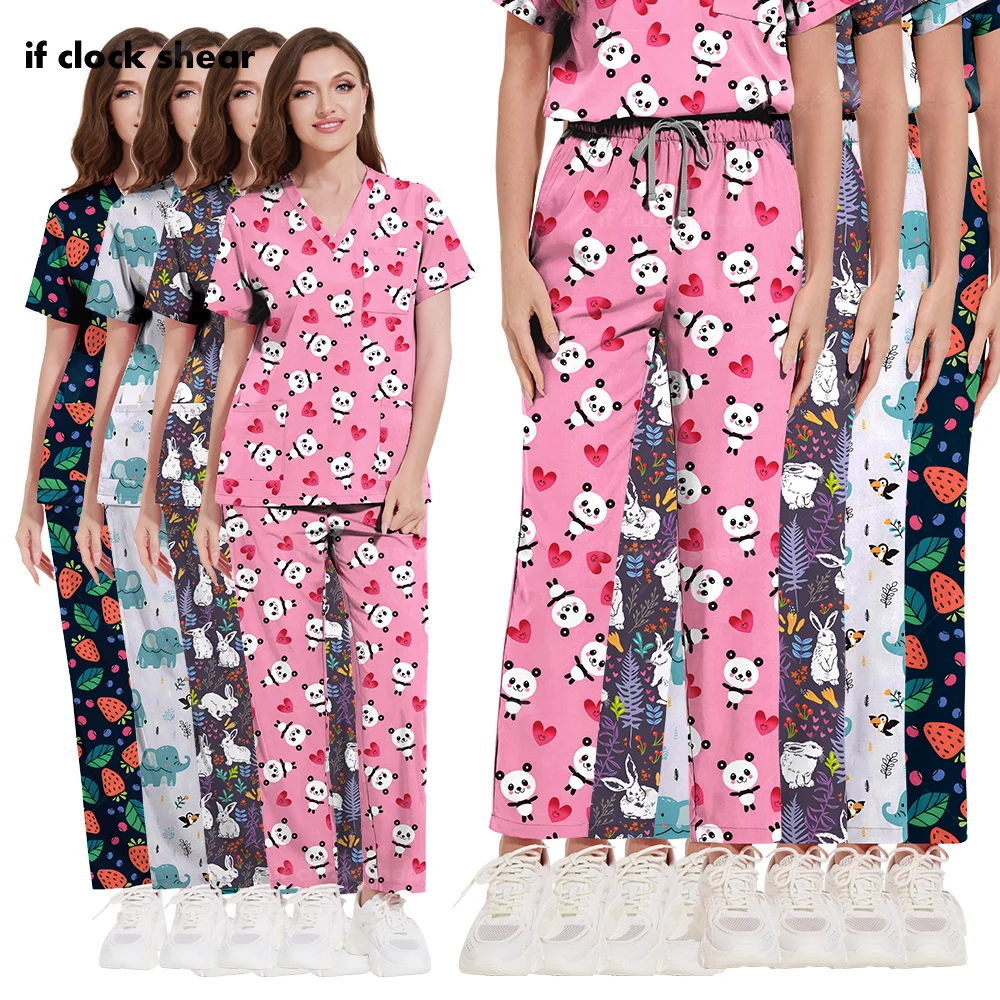 Surgical Uniforms Women Scrub Set Printed Medical Nurse Beauty Salon Workwear Doctor Nursing Clinical Scrubs Tops Pants Spa Suit