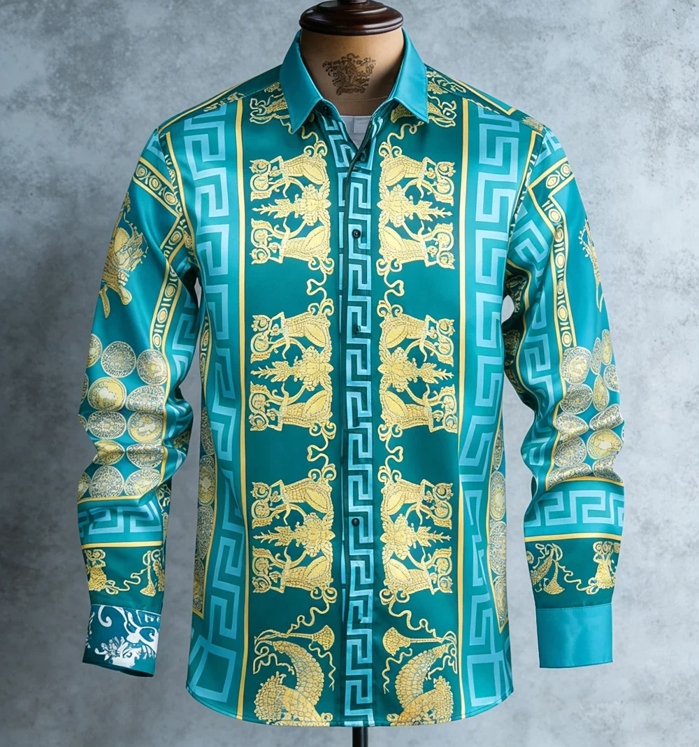 BOOS  Men's French Light Luxury Long Sleeve Shirt Baroque Printed Shirt Hawaiian Vacation Wedding Men's Clothing Fast Shipping