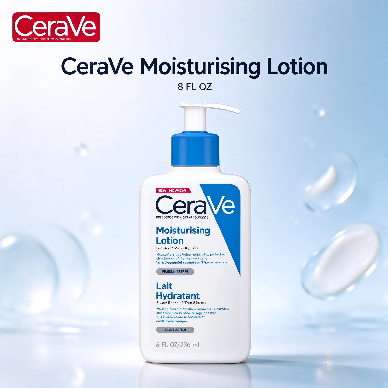 CeraVe Lait Hydratant Moisturising Lotion For Dry to Very Dry Skin, Fragrance Free 8 FL OZ (236ml)