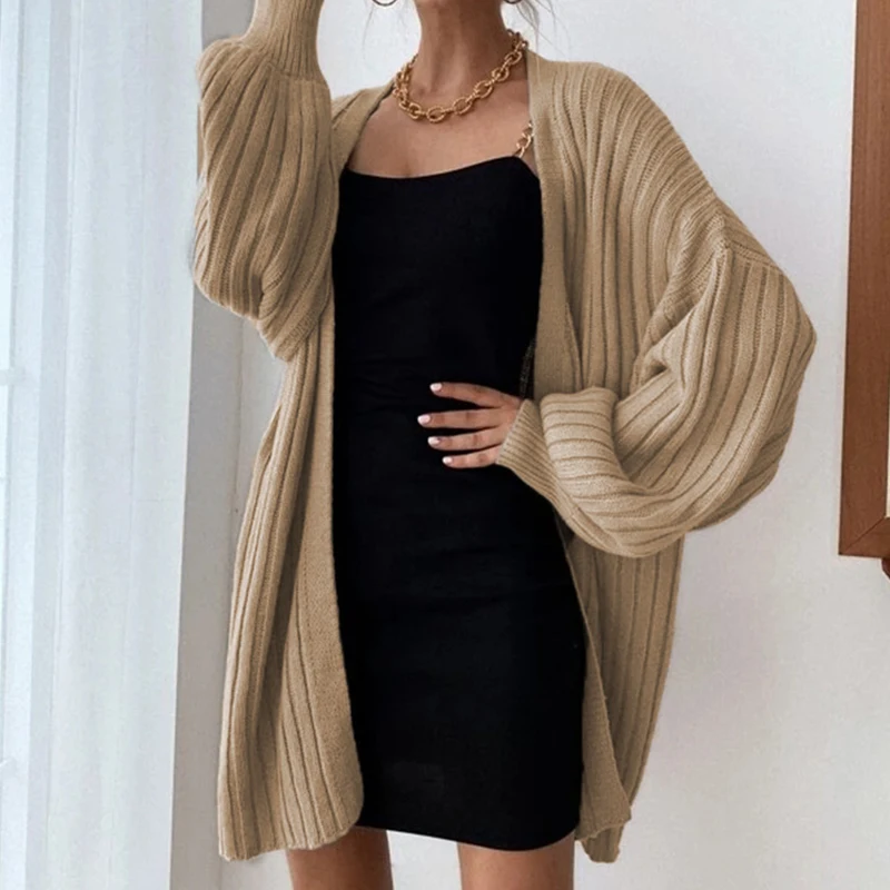 

OMSJ 2023 Autumn Winter Women Retro Baggy Long Lantern Sleeve Knitted Cardigan Coat Solid Trend Loose Sweaters Elegant Cardigans