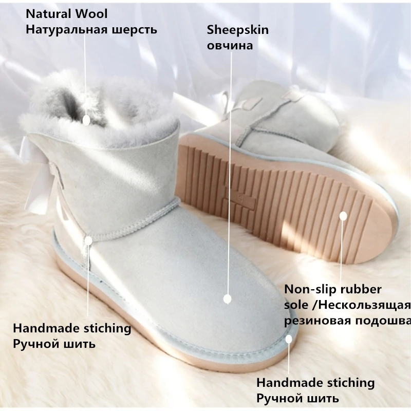 G&Zaco Luxury Real Wool Sweet Bow Snow Boots Women 2023 Genuine Sheepskin Boots Sheep Fur Winter Flat Girl Shoes