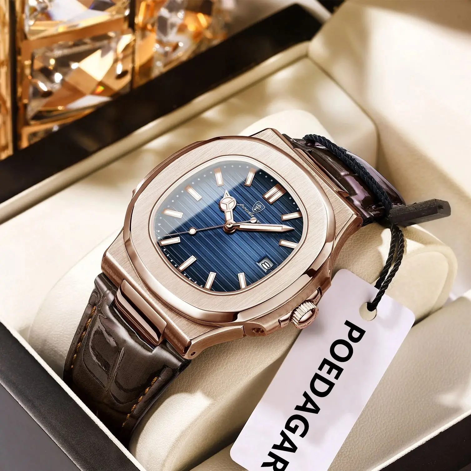 POEDAGAR Business Man Watch Date Waterproof Luminous Leather Classic Watches For Men High Quality Square Quartz Men's Wristwatch