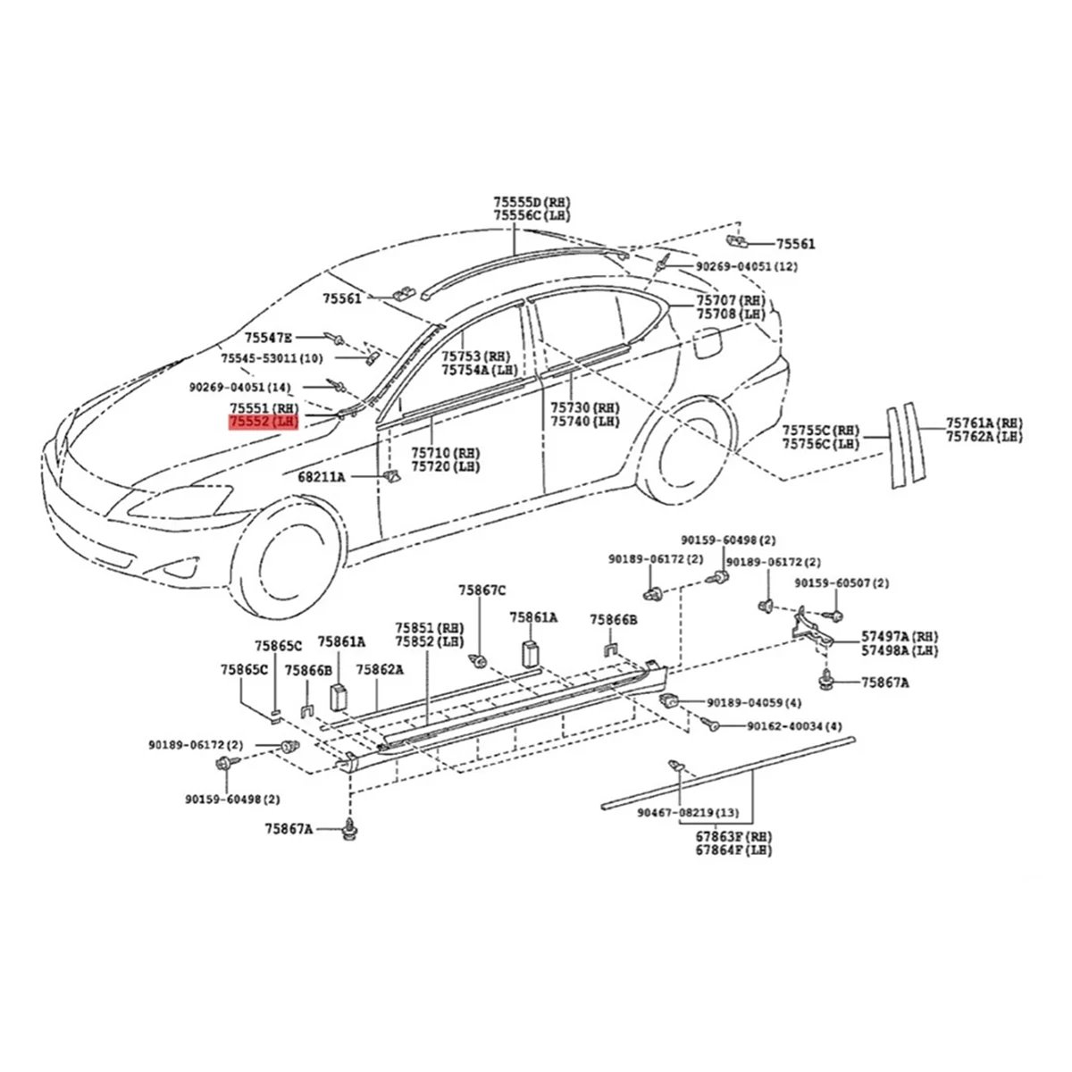 

1Pair Windshield Pillar Molding with Clips Kit for is IS200D IS250 IS300 IS350 2006-2013 75552-53020 75551-53020