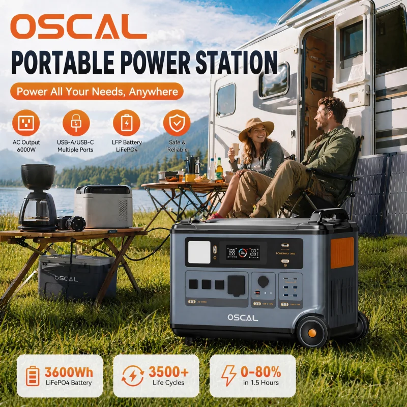 OSCAL PowerMax6000 Portable Power Station,6000W Continuous 9000W Peak,LiFePO4 Battery,2200W AC 2400W Solar Fast Charging,APP Monitor,Emergency Power Backup for Home,Camper,Outdoor Blackout