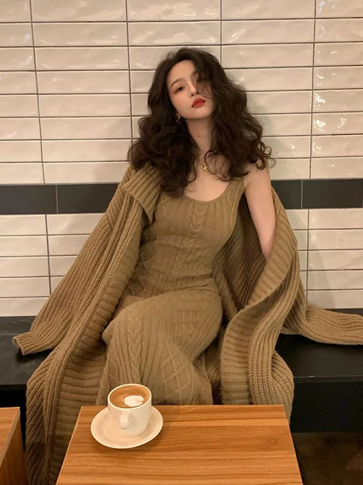 2024 Autumn Winter Korean Style Elegant Style Two Piece Sets Femme Solid Color Loose Knit Cardigan Jacket V-neck Vest Dress