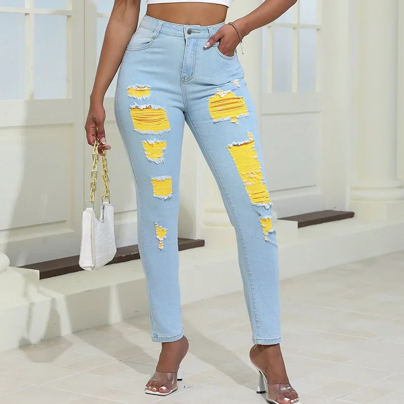 Women High Waist Street Hipster Pants Ripped Elastic Jeans Holes Fashion Sexy Ankle Length Slim Pants