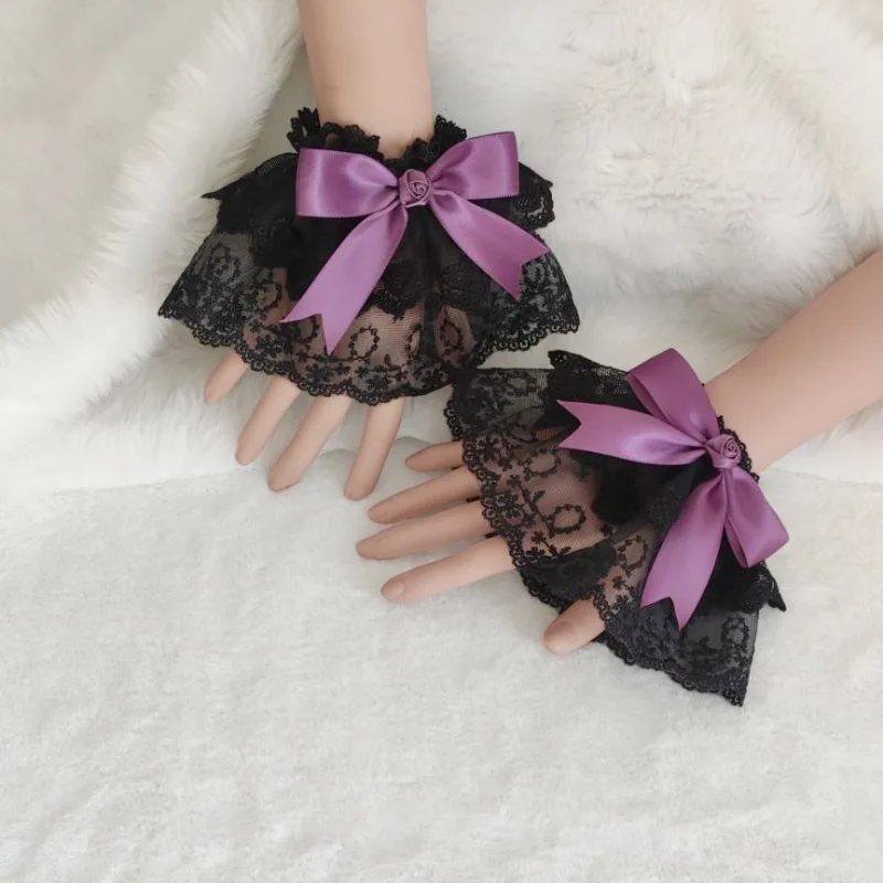 Gothic Lolita Mini Hat Set – Black Purple Rose Lace Headpiece with Bow Clip, Wrist Cuffs & Hairband Accessories for Cosplay or C