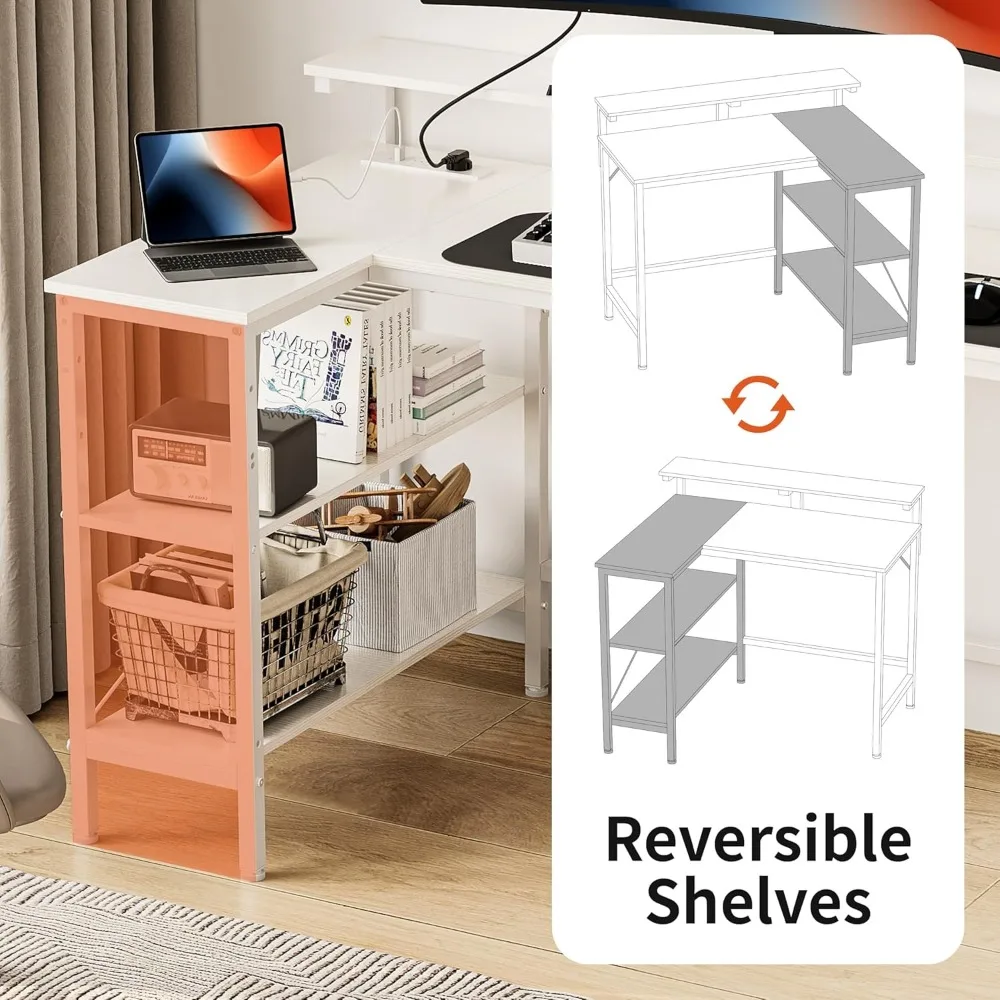 棚とディスプレイライザー付きL字型ゲーミングデスク、Type-Cコンセント付きコーナーコンピュータデスク48インチホワイトオフィスデスク